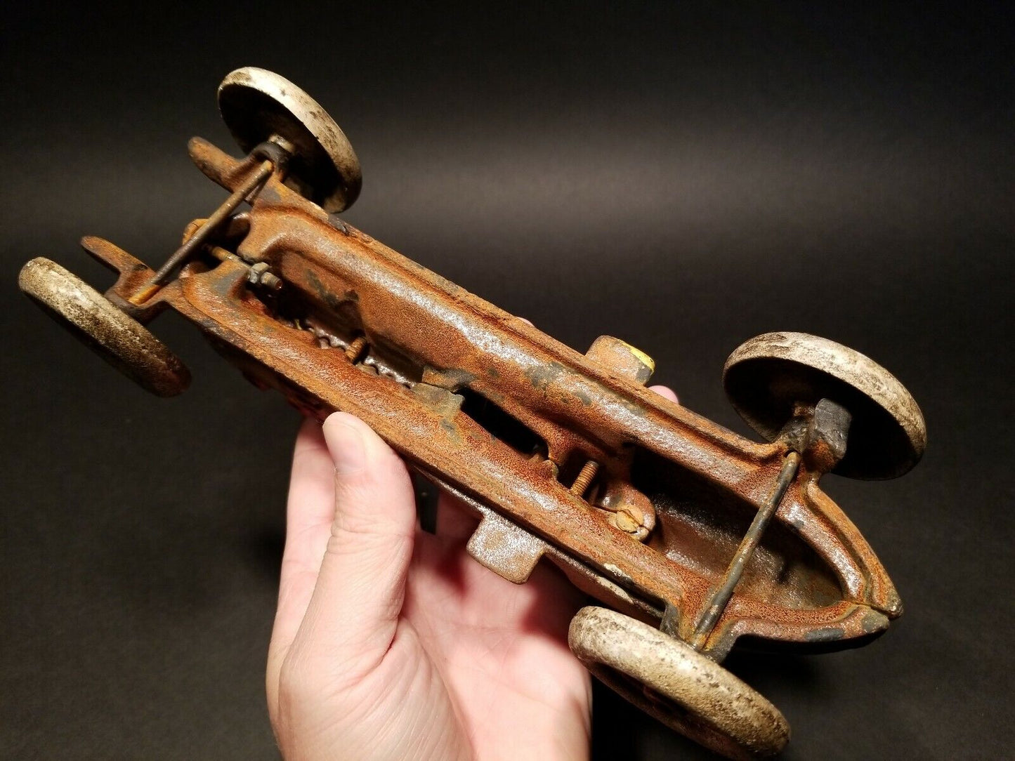 Antique Vintage Style Yellow Cast Iron #5 Toy Race Car w Lifting Hood