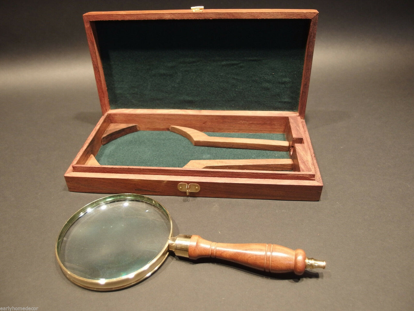 4" 5x Antique Style Magnifying Glass Brass w Wood Turned Hand Lens Desktop Box - Early Home Decor