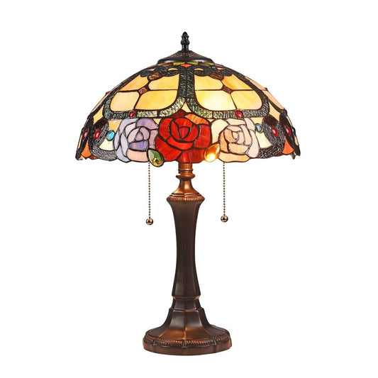 22" Antique Vintage Style Floral Rose Stained Glass Table Lamp