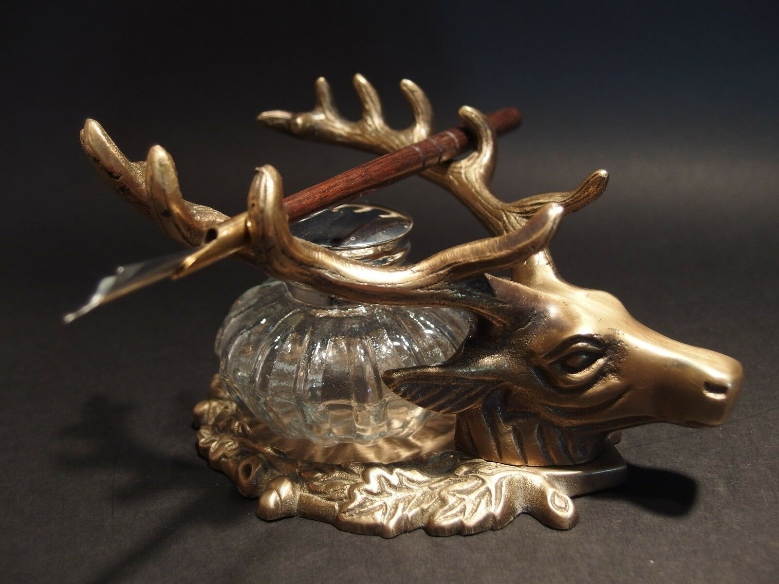 Antique Style Brass Elk Deer Stag Pen Inkwell Holder Desk Stand - Early Home Decor