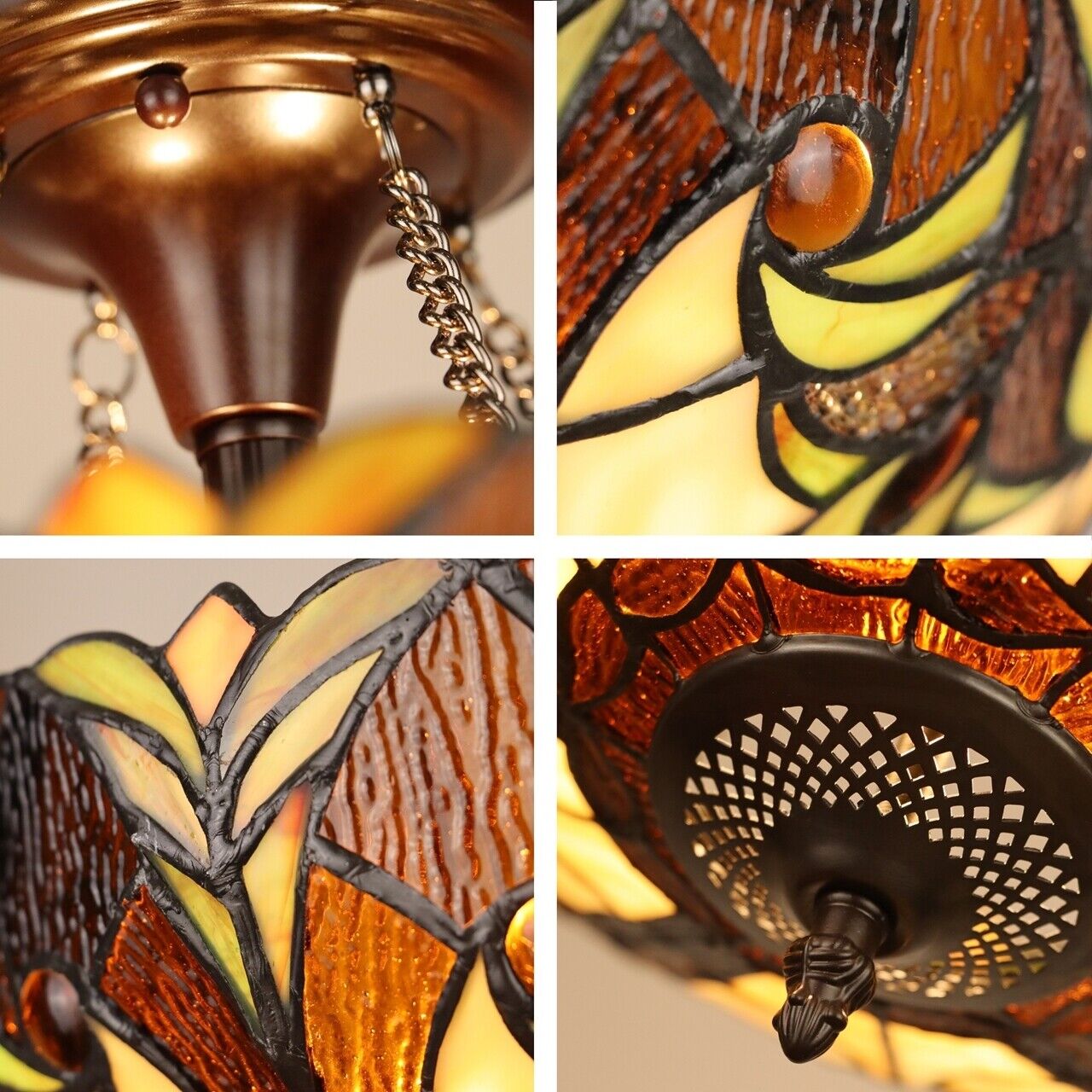 15.75" Antique Style Stained Glass Semi Flush Ceiling Uplight