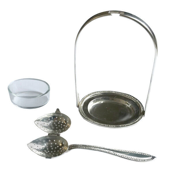 7" Silver-Plated Loose Tea Strainer Spoon and Holder with Glass Drip Cup