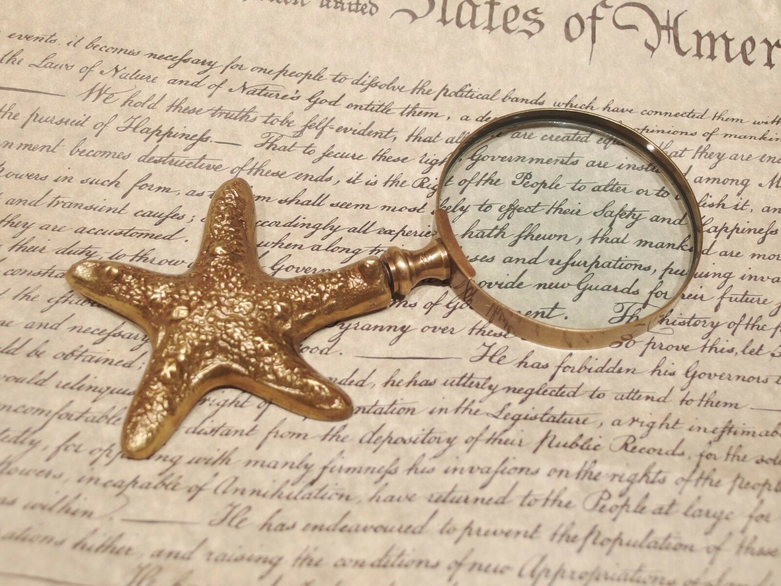 Vintage Antique Style Brass Starfish Magnifying Glass Desk Hand Lens - Early Home Decor