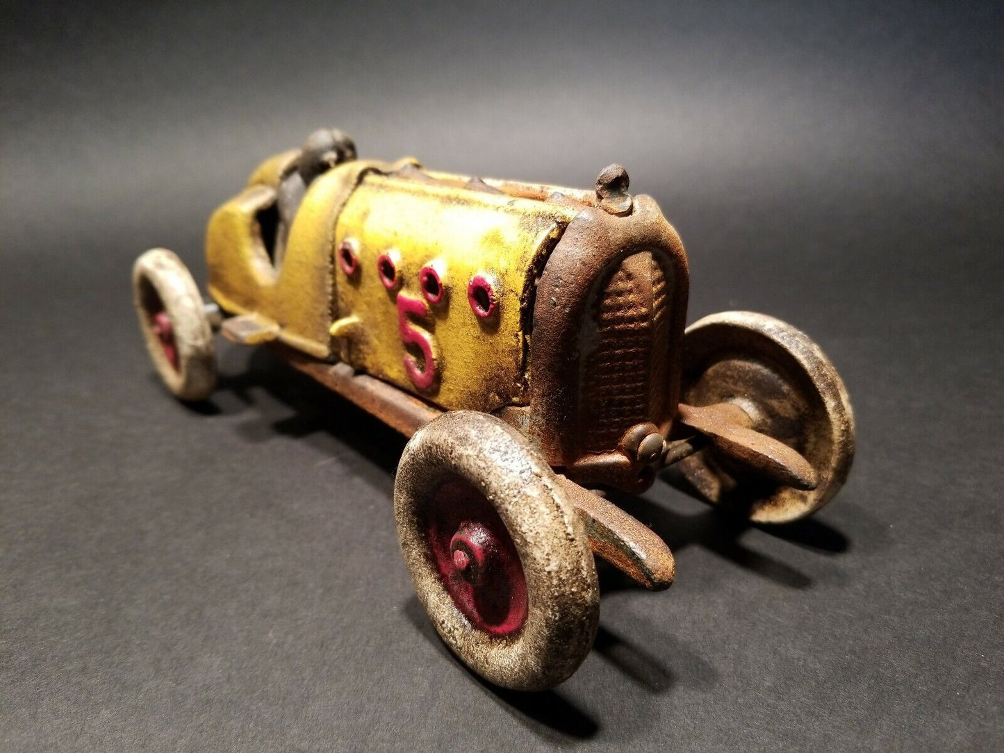 Antique Vintage Style Yellow Cast Iron #5 Toy Race Car w Lifting Hood
