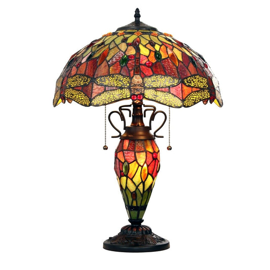 22.44" Antique Vintage Style Stained Glass Dragonfly Lighted Base Table Lamp