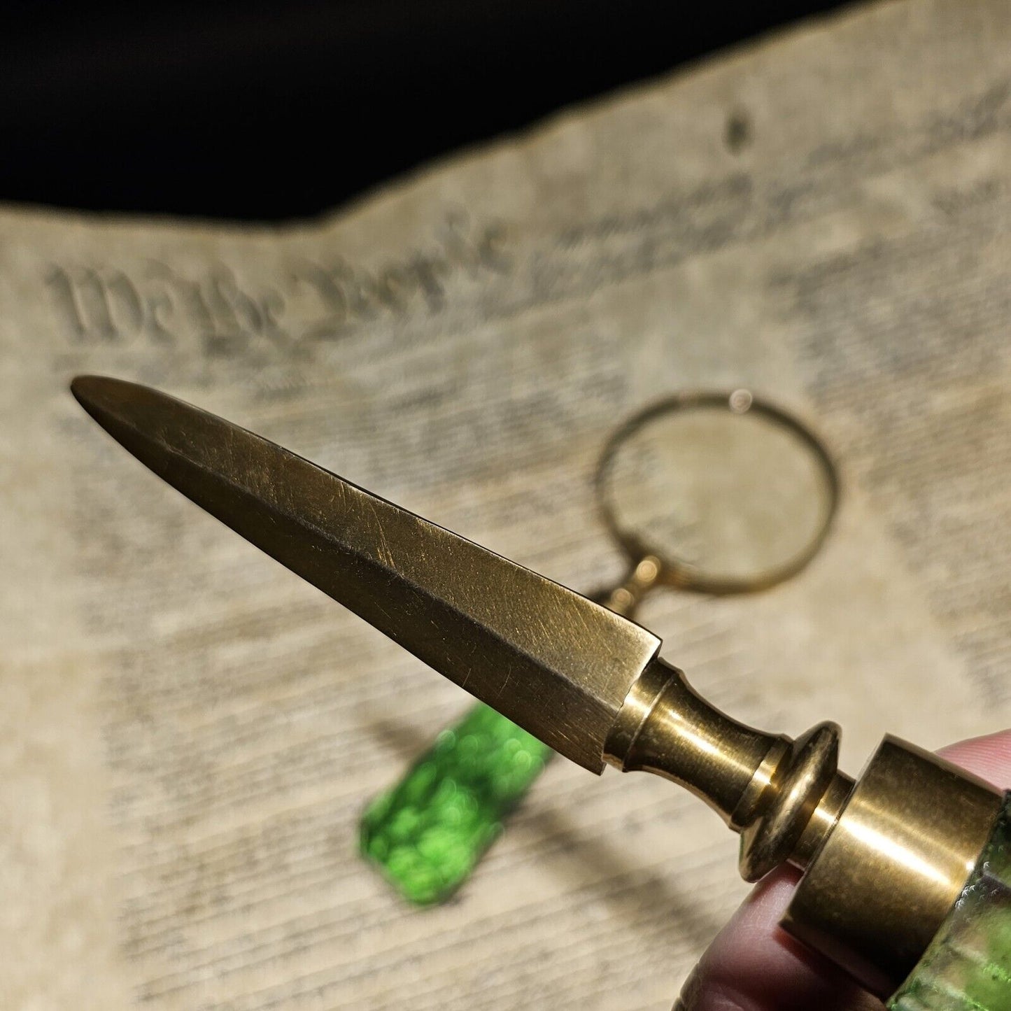 Antique Vintage Style Magnifying Glass Letter Opener Set w Green Glass Handles