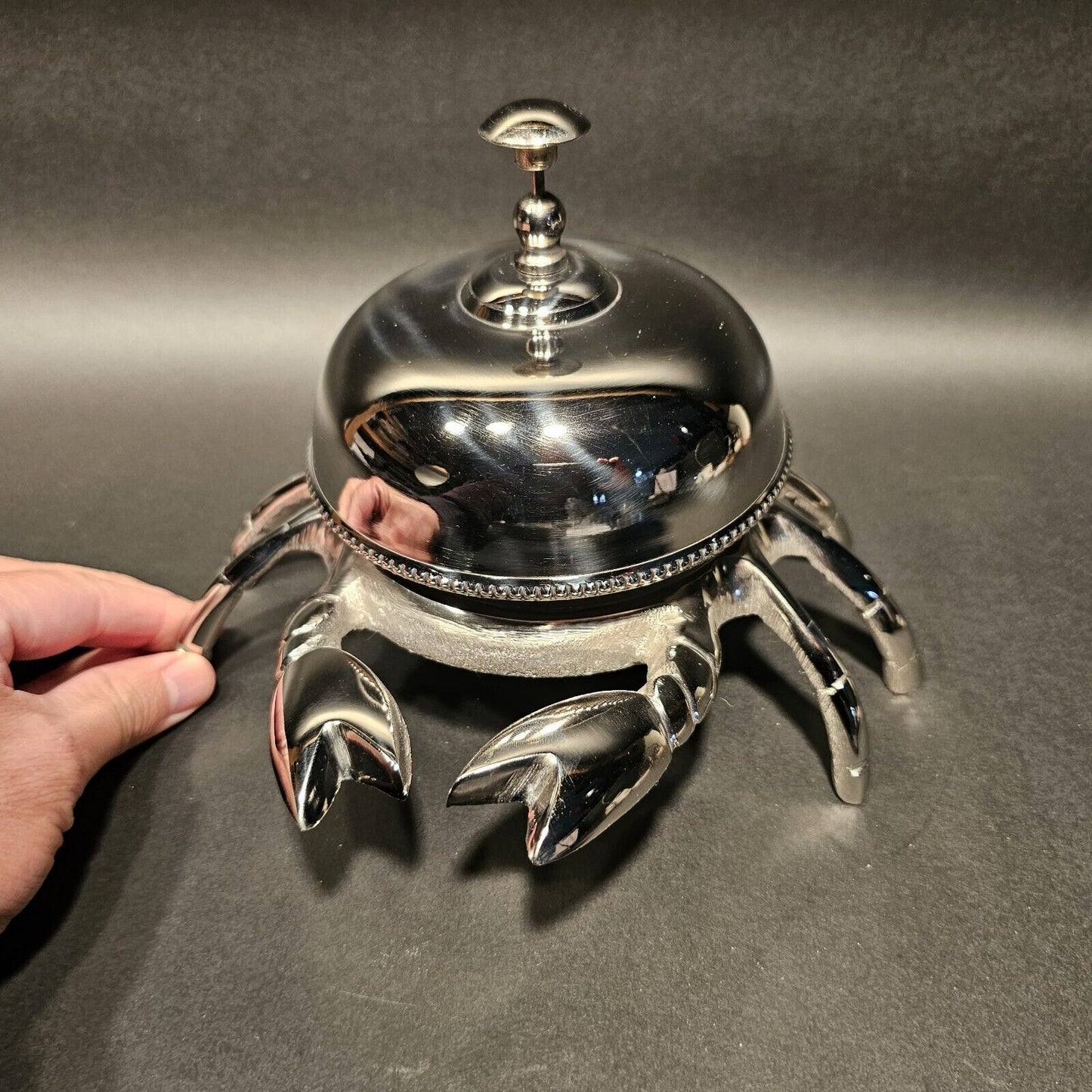 8 1/2" Large Antique Vintage Style Silver Brass Crab Table or Floor Desk Bell