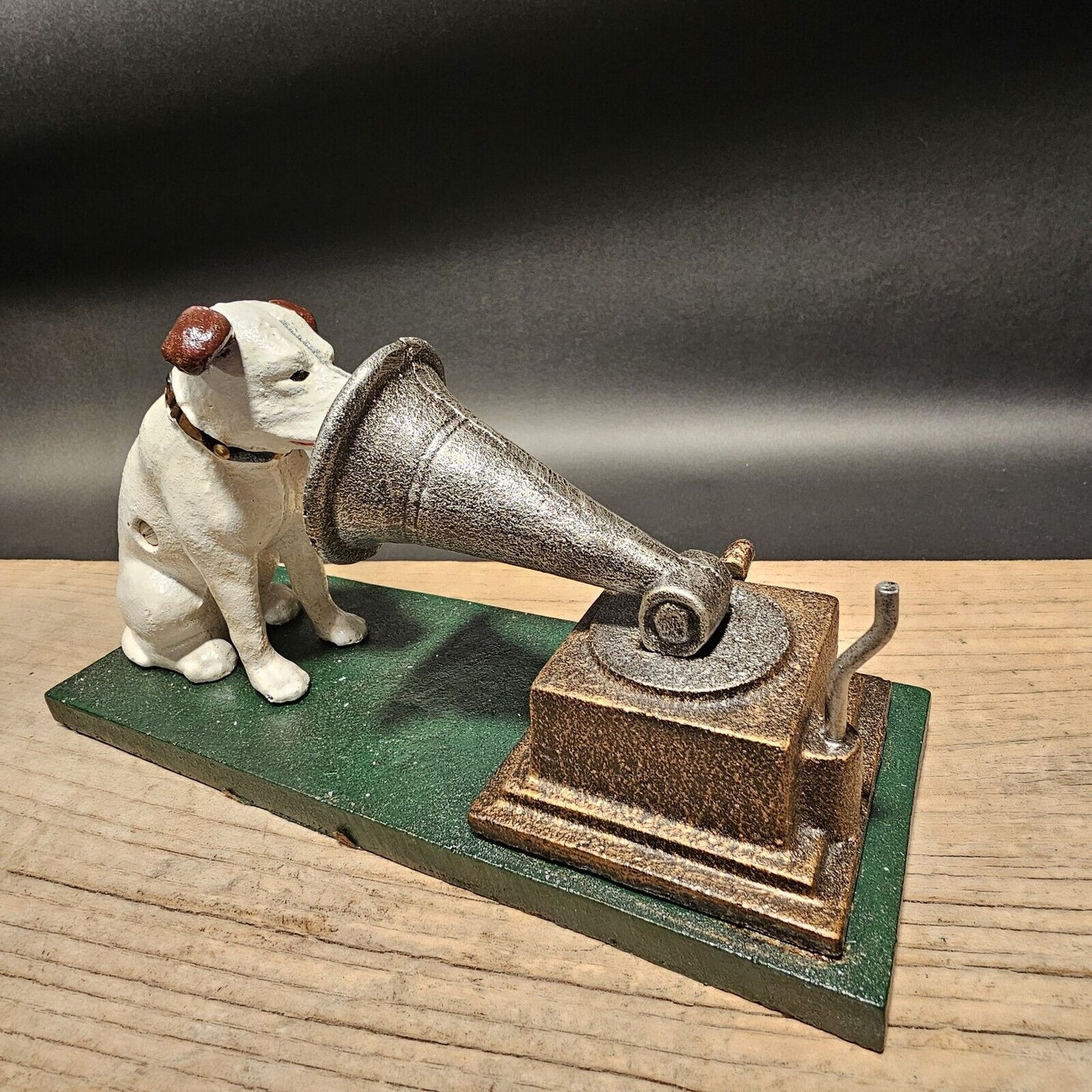 Cast Iron Nipper Dog Figurine on Green Base, Rogers Foundry, Birmingham