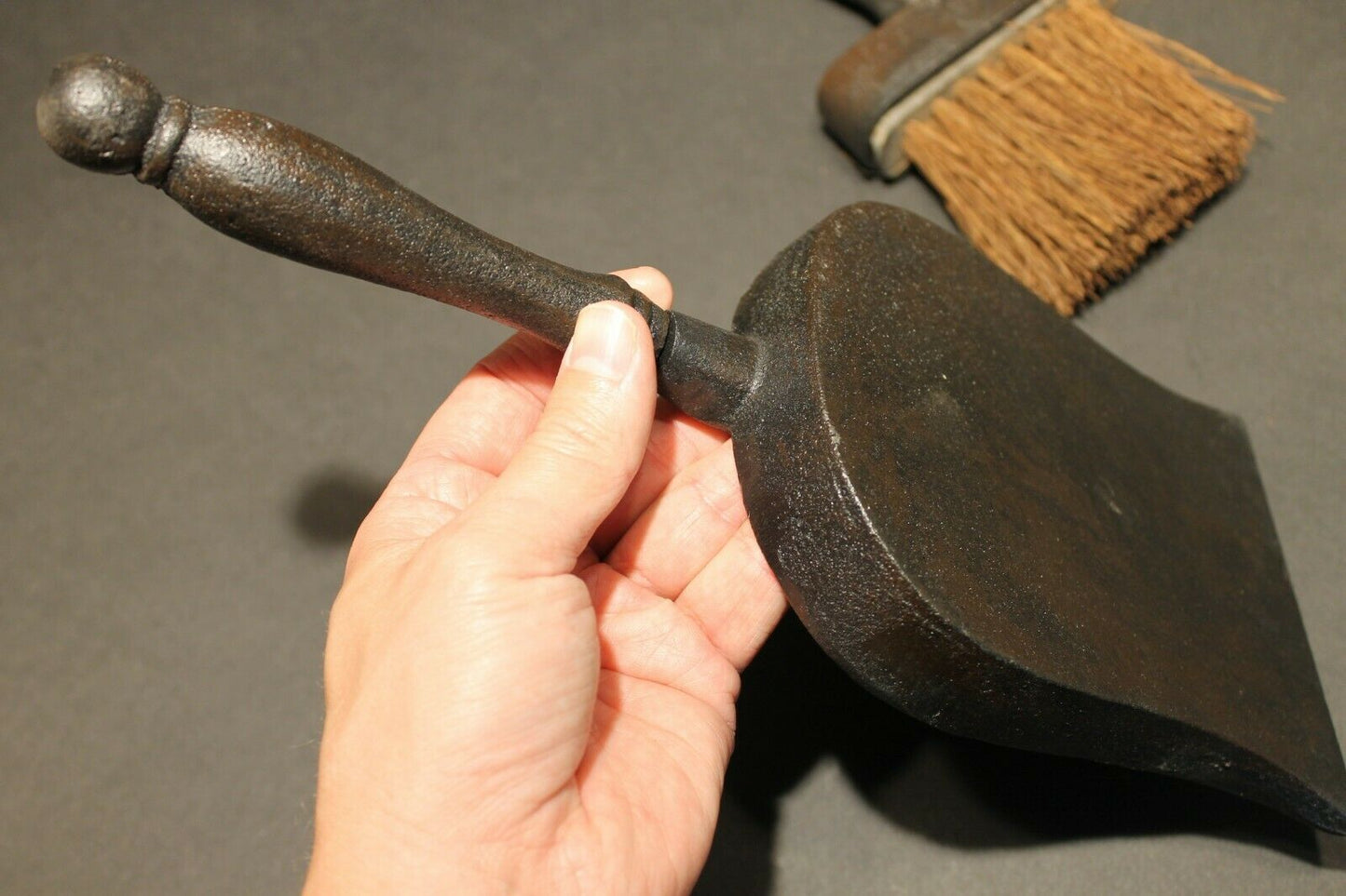 Antique Primitive Vintage Style Solid Cast Iron Fireplace Tools Dust Pan & Broom - Early Home Decor