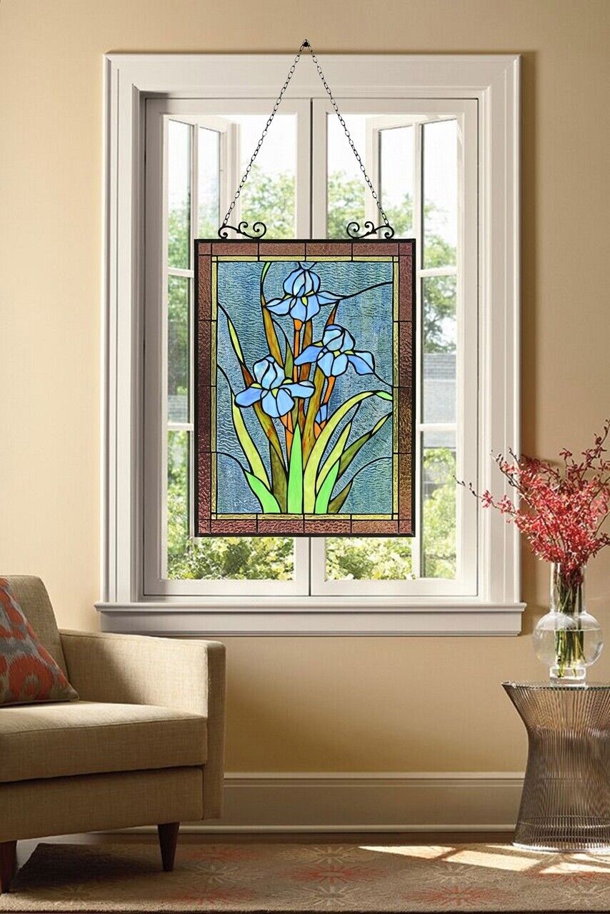 Antique Vintage Style 25" Iris Stained Glass Window Hanging Panel Suncatcher