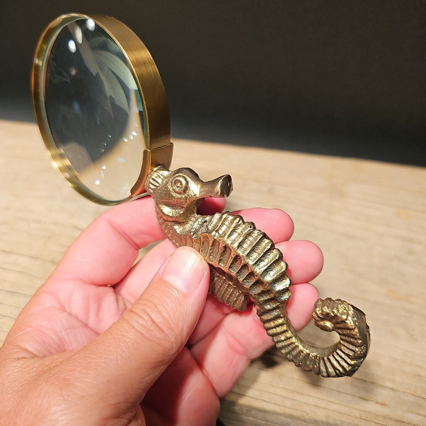 7" Vintage Antique Style Brass Seahorse Magnifying Glass Desk Hand Lens