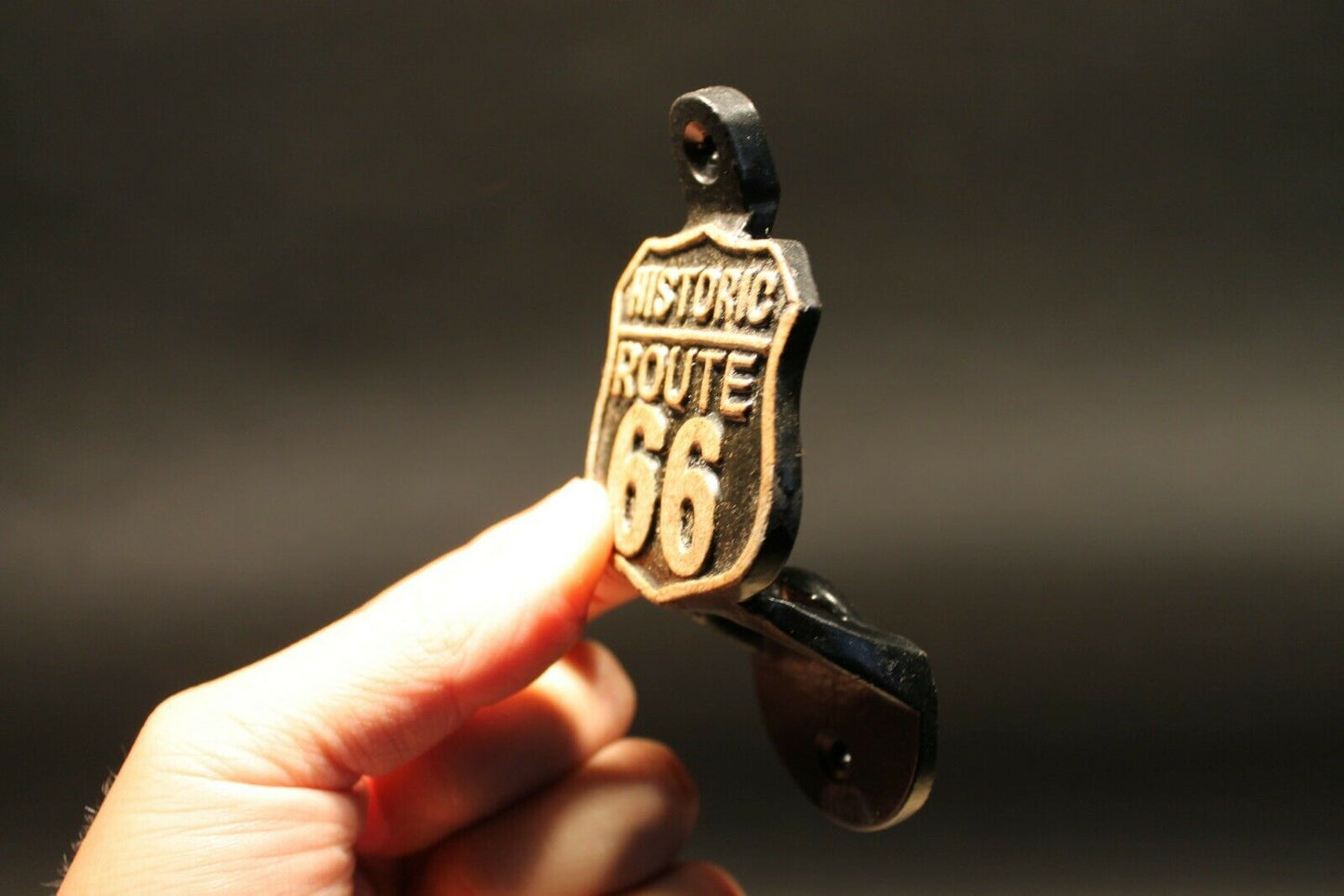 Antique Vintage Style Cast Iron Wall Mount Route 66 Bottle Cap Opener - Early Home Decor