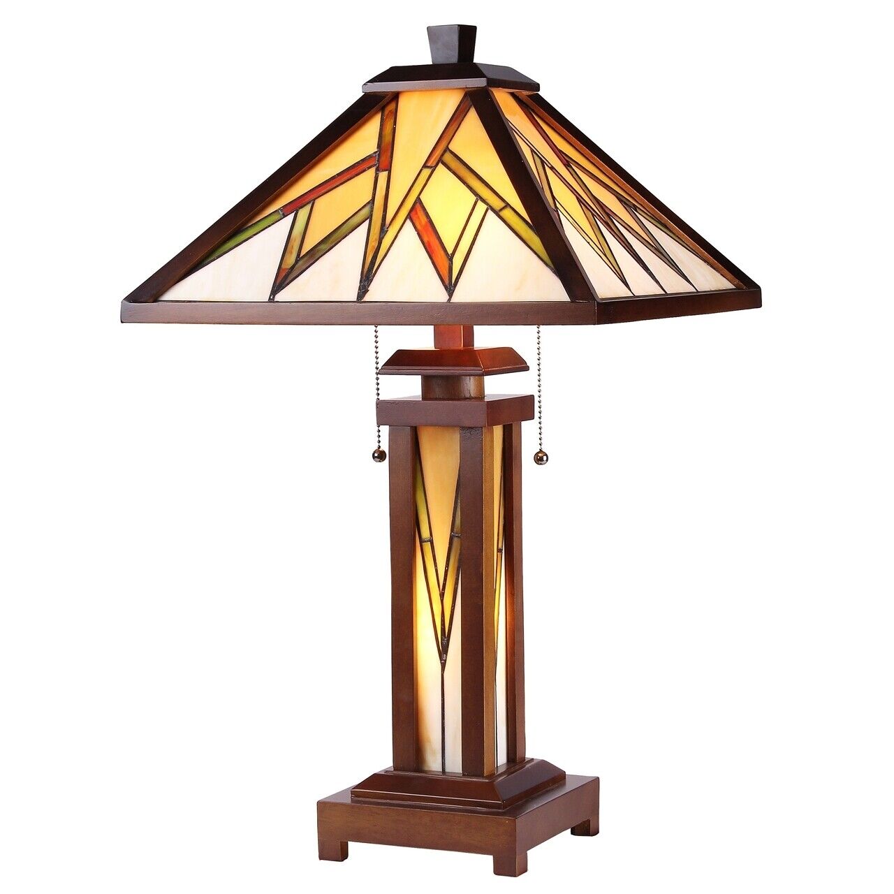25.6  3 light Antique Vintage Style Stained Glass Wood Mission Table Lamp