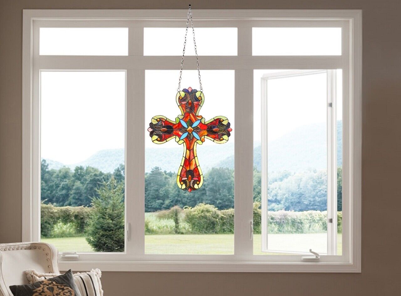 20" Antique Vintage Style Stained Glass Cross Window Hanging Panel Suncatcher