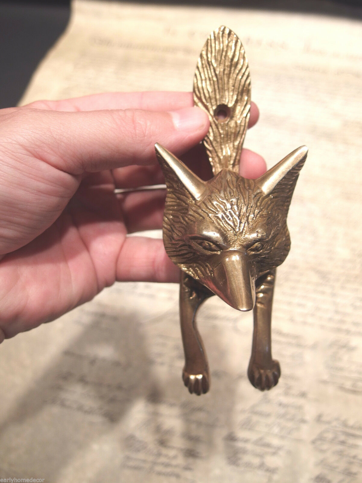 Antique Vintage Style SOLID BRASS FOX Head DOOR KNOCKER Hardware - Early Home Decor