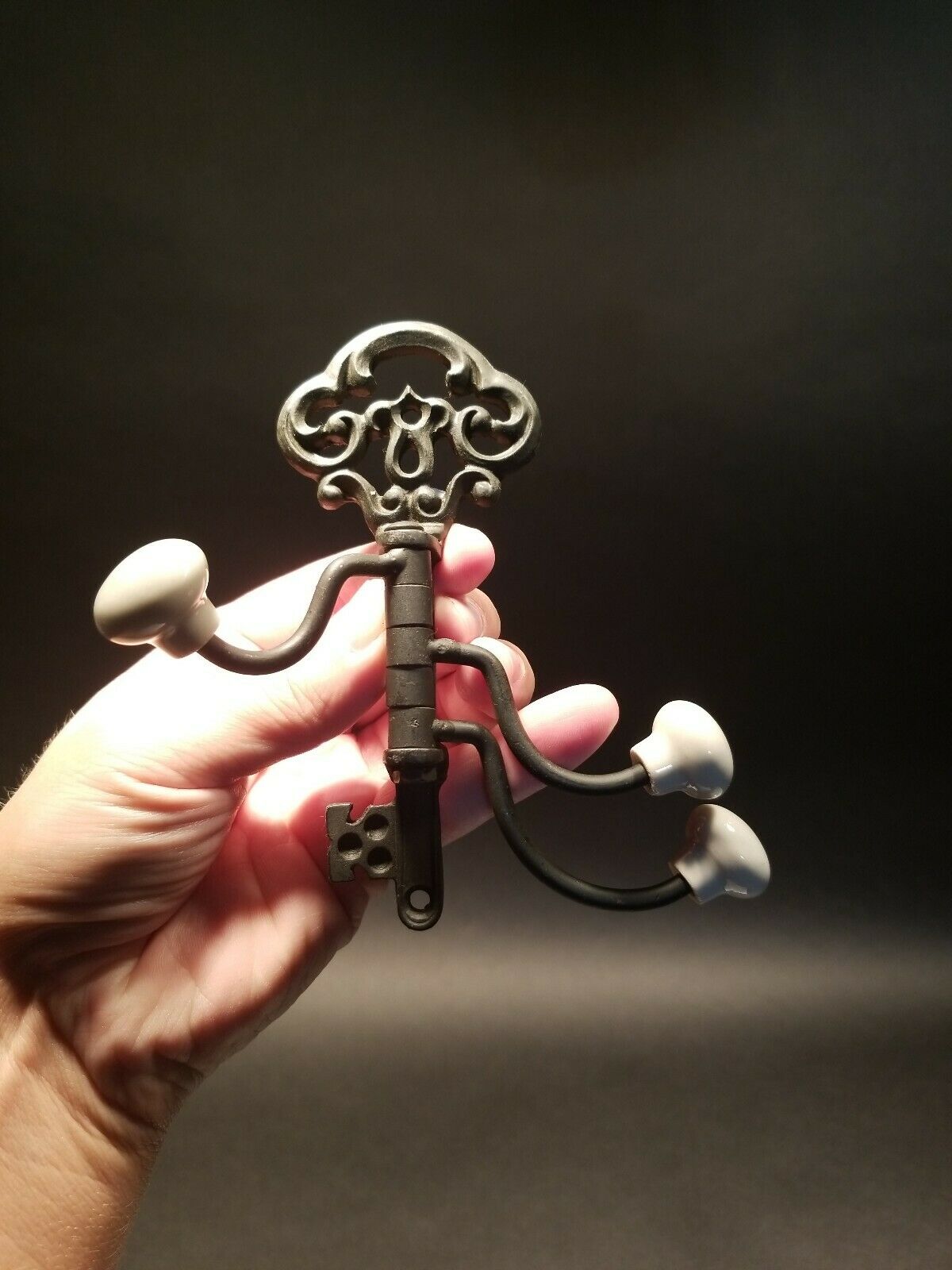 Antique Vintage Style Cast Iron Key Swivel Hook W Porcelain Knobs - Early Home Decor