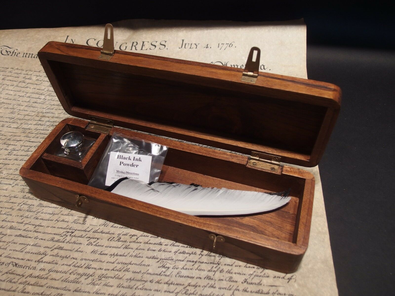Antique Vintage Style Wood Writing Box Desk Set w Inkwell 2 Feather Dip Pen Ink - Early Home Decor