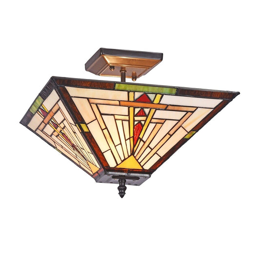 13.8" Antique Vintage Style Mission Stained Glass Semi Flush Ceiling Uplight