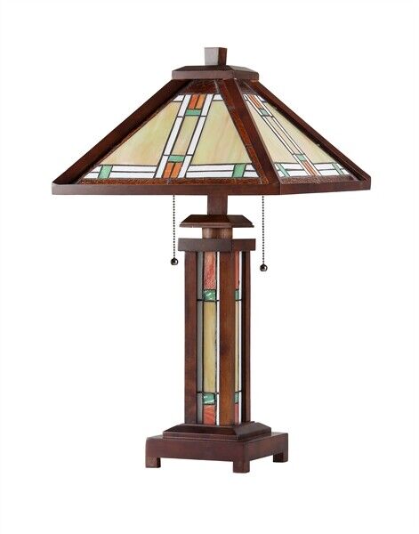 25.6  3 light Antique Vintage Style Stained Glass Wood Mission Table Lamp