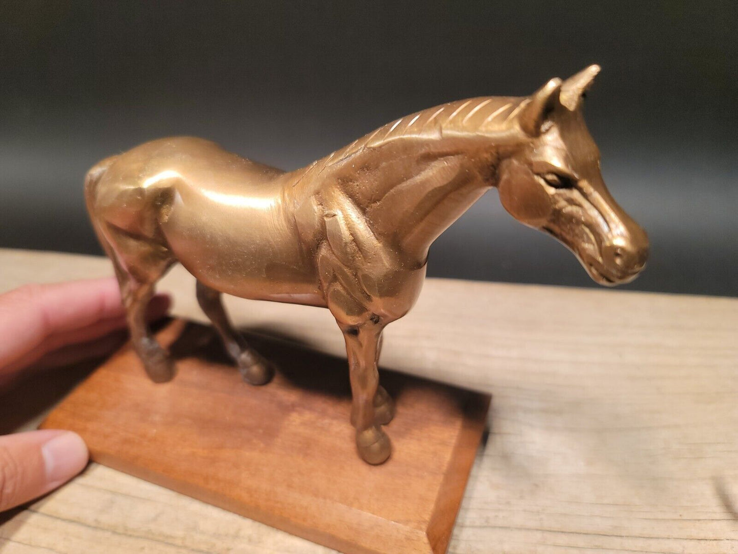 Antique Vintage Style Brass Horse Statue Wood Base
