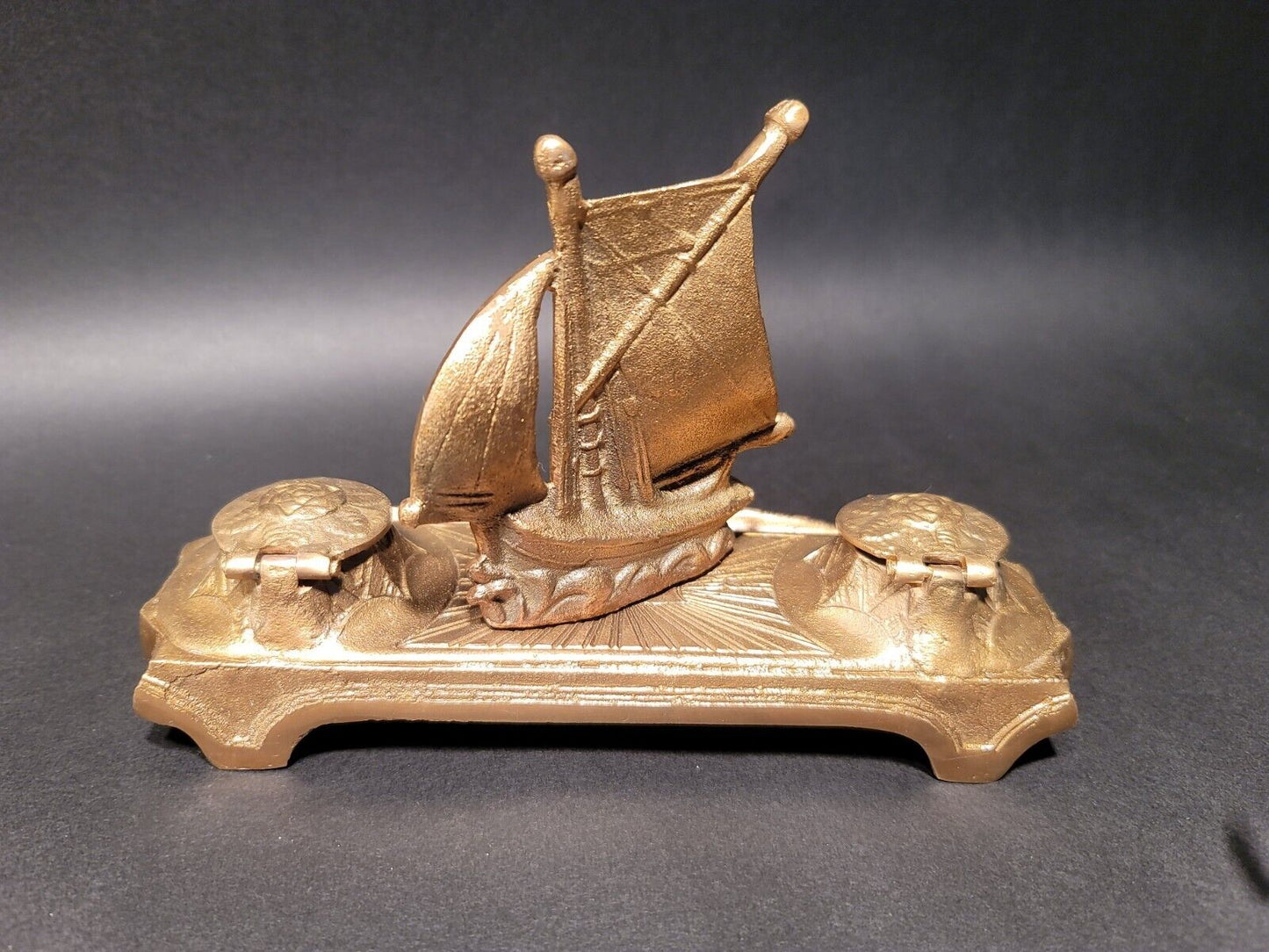 Vintage Antique Style Brass Sailboat Double inkwell Desk Set