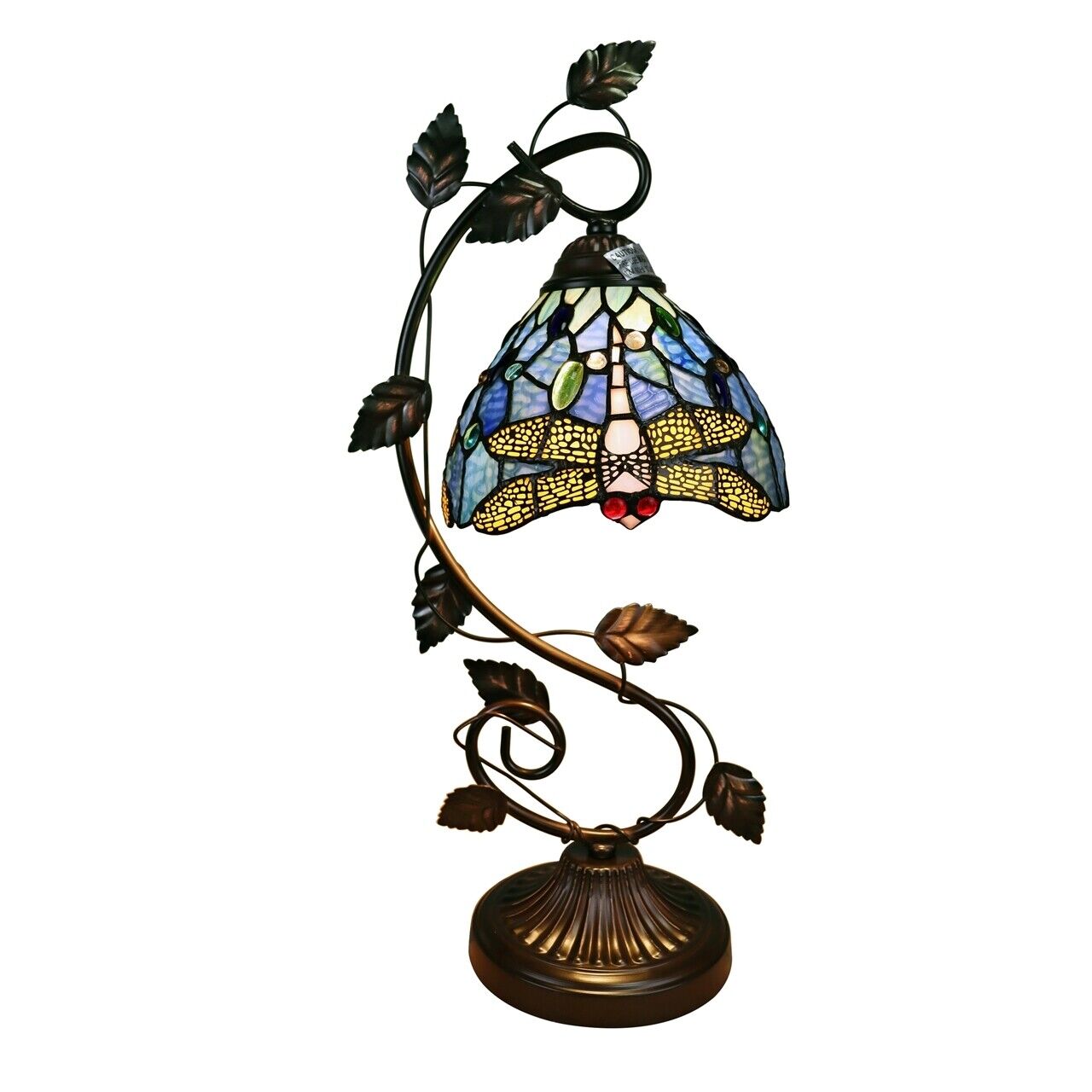 23" Antique Vintage Style Stained Glass Dragonfly Floral Table Lamp