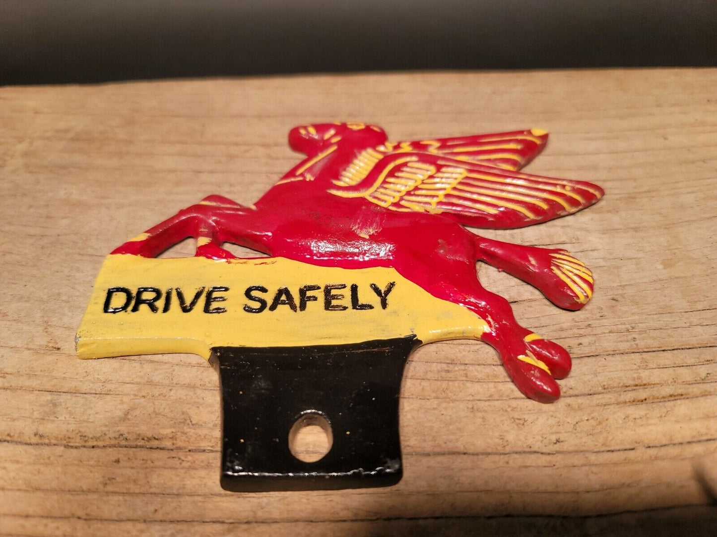 Antique Vintage Style Aluminum Pegasus Drive Safely License Plate Fob Topper