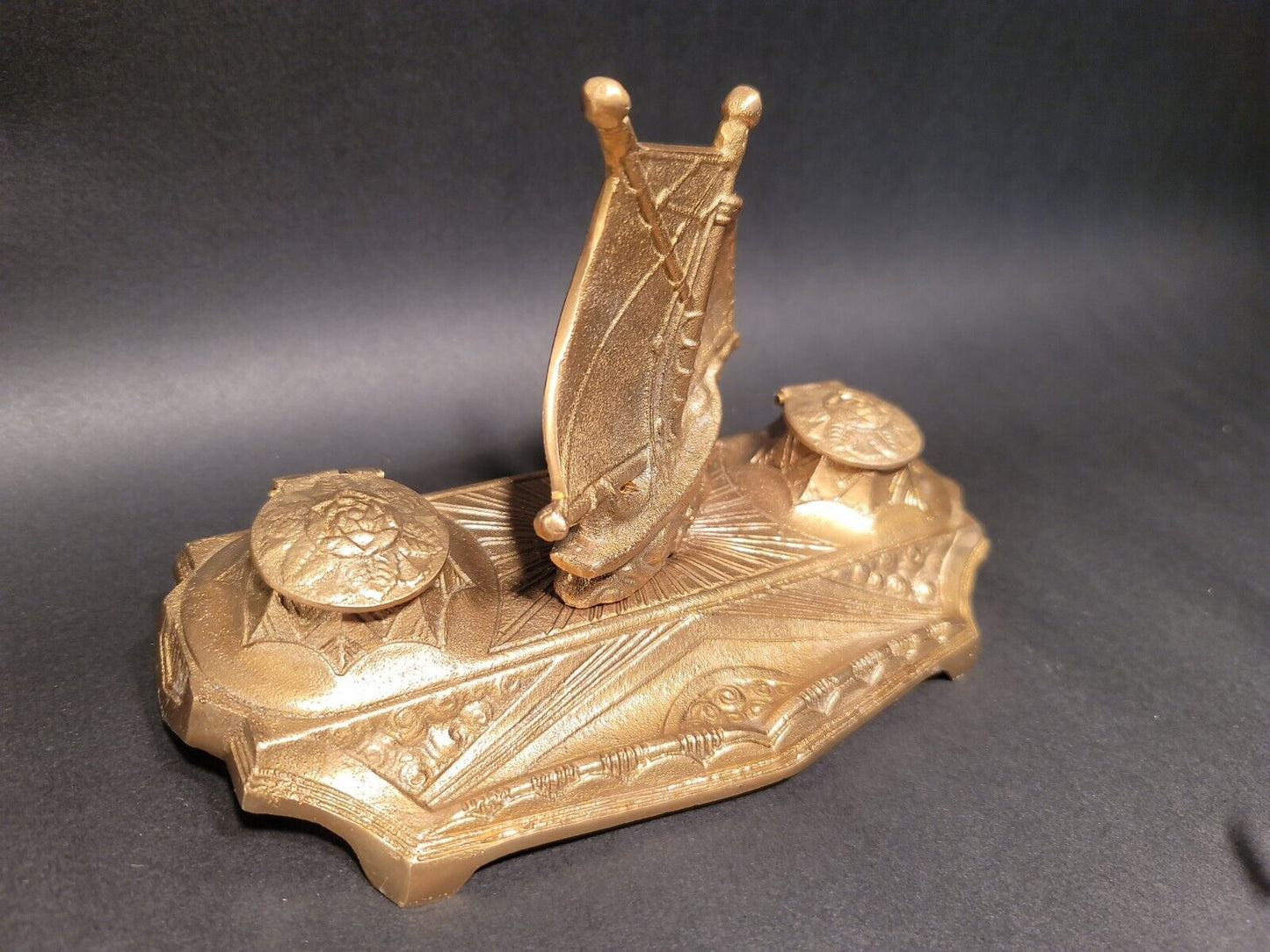 Vintage Antique Style Brass Sailboat Double inkwell Desk Set