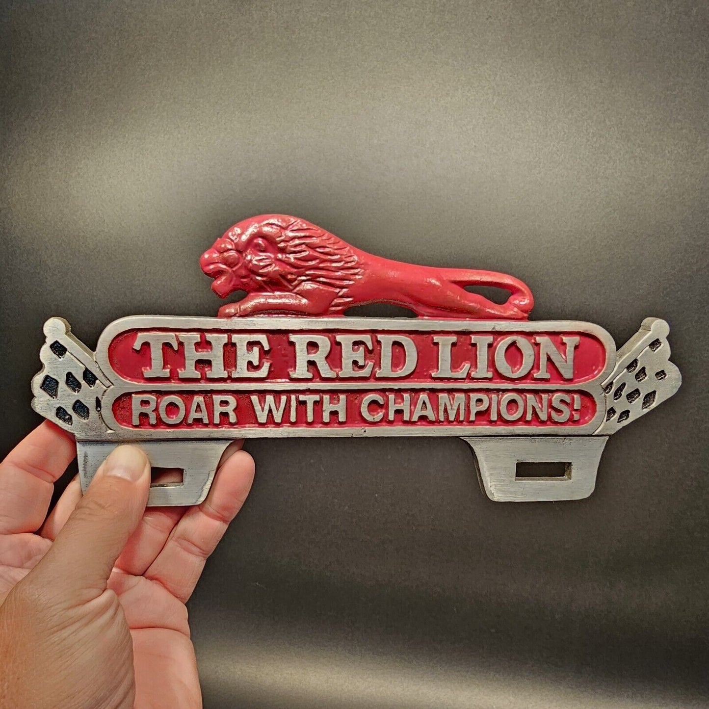 Antique Vintage Style Aluminum Red Lion License Plate Fob Topper