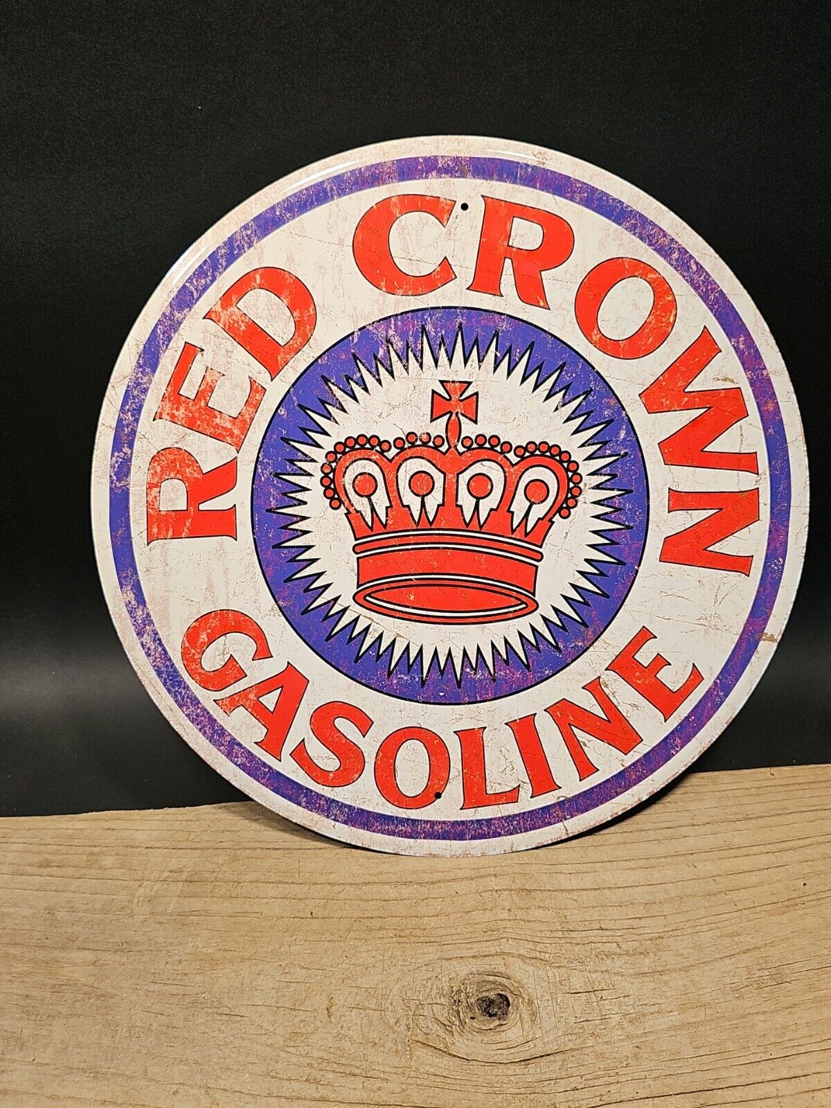 12" Antique Vintage Style Round Metal Gasoline Sign Plaque