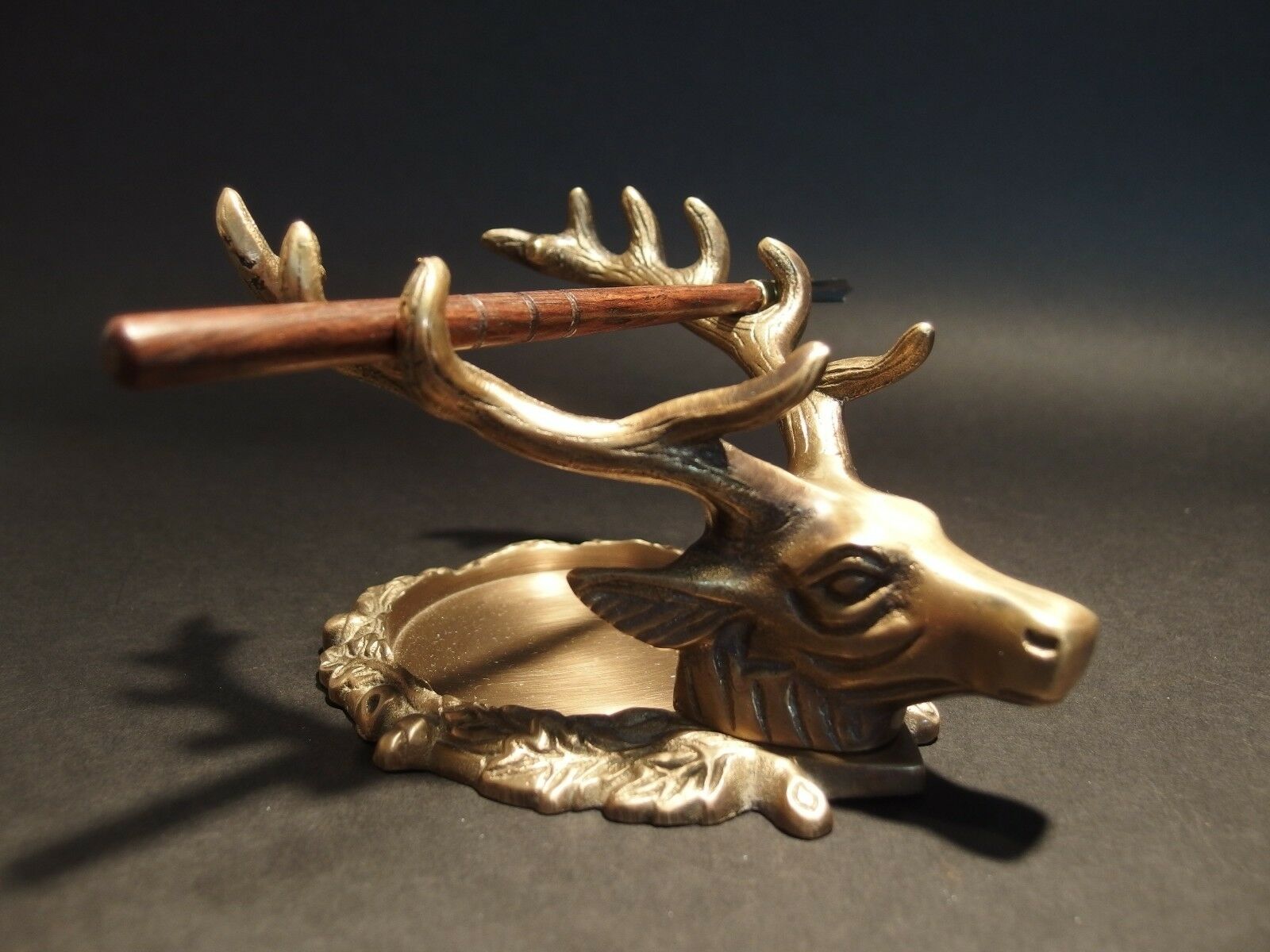 Antique Style Brass Elk Deer Stag Pen Inkwell Holder Desk Stand - Early Home Decor