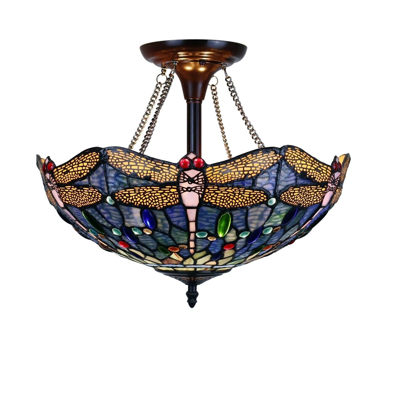 16" Dragonfly Stained Glass Semi Flush Ceiling Uplight
