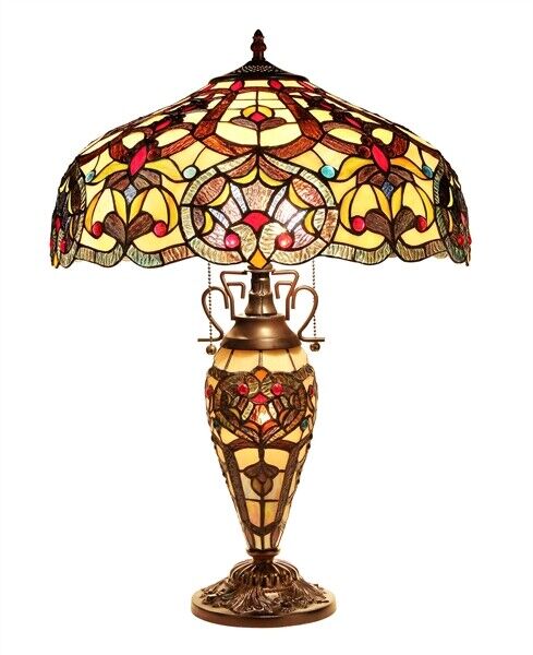 25.4" Antique Vintage Style Stained Glass Lighted Base Table Lamp