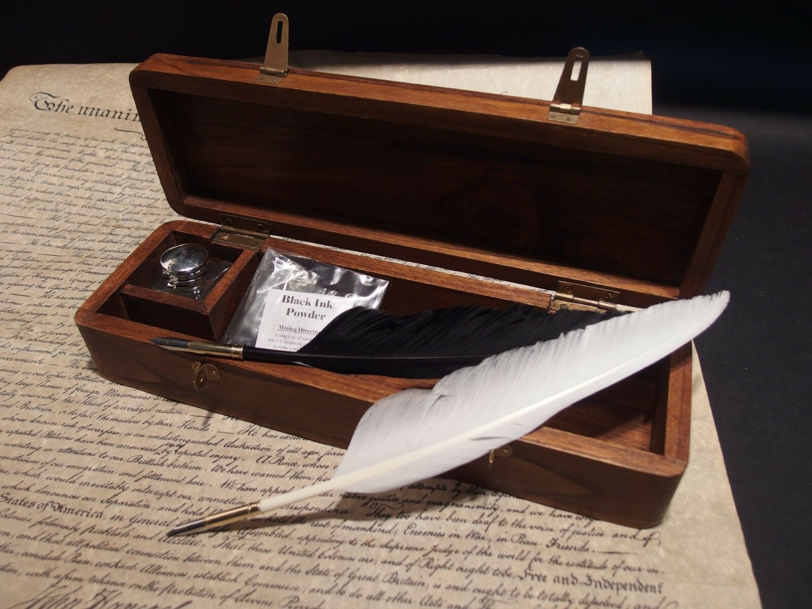 Antique Vintage Style Wood Writing Box Desk Set w Inkwell 2 Feather Dip Pen Ink - Early Home Decor