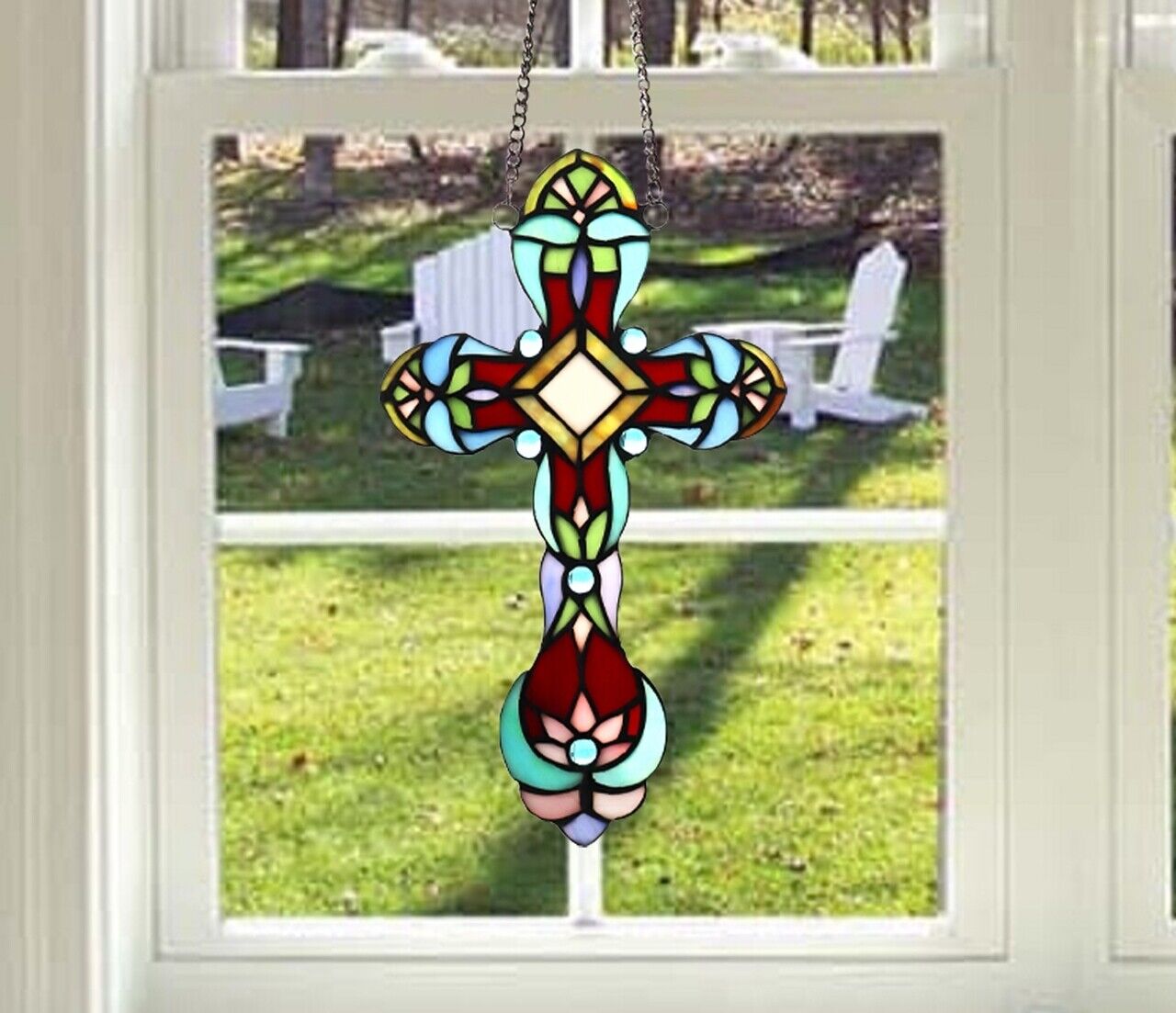 13.2" Stained Glass Cross Window Hanging Panel Suncatcher
