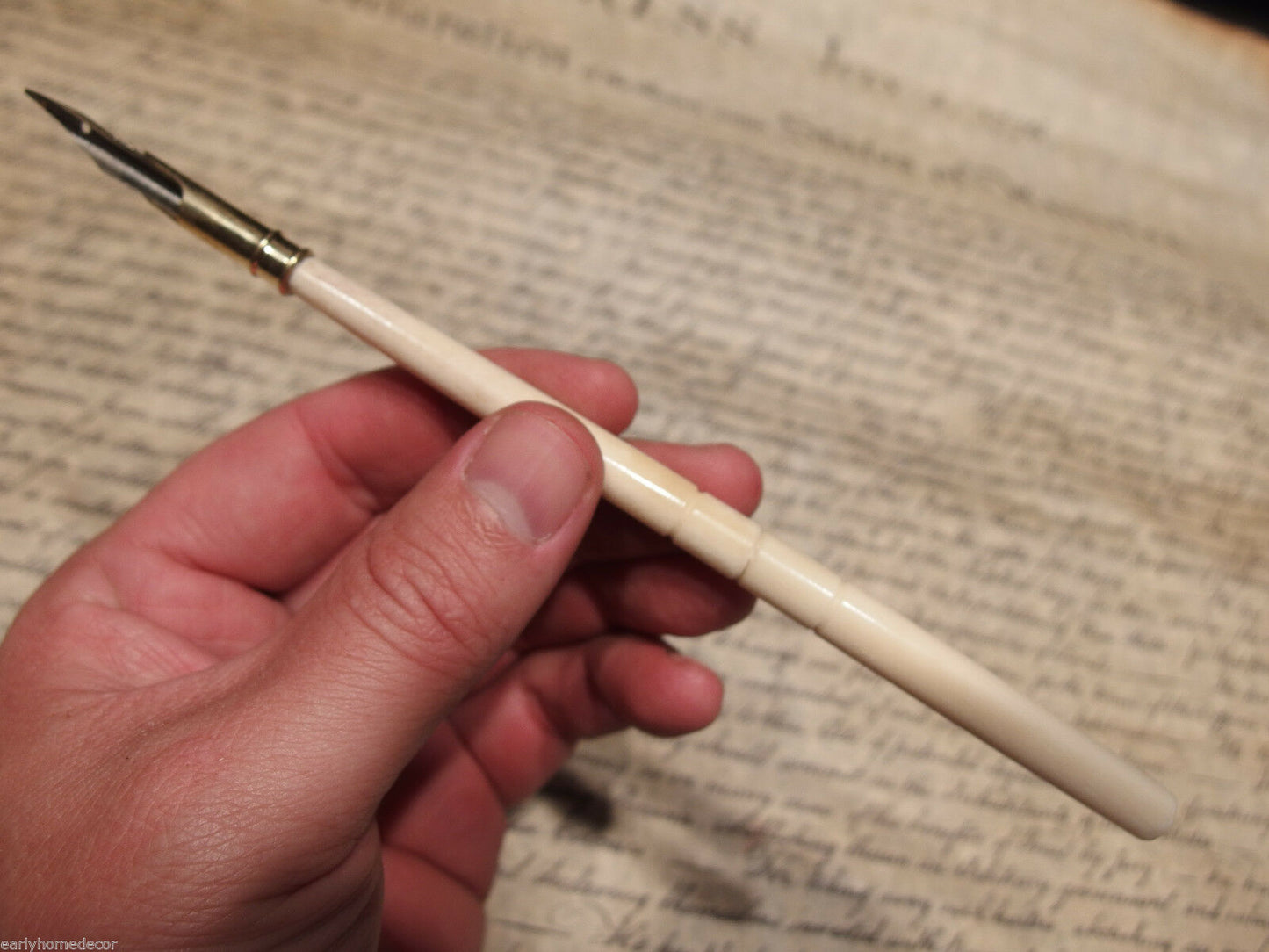 Vintage  Antique Style Turned Bone Calligraphy Inkwell Ink Dipping Pen - Early Home Decor