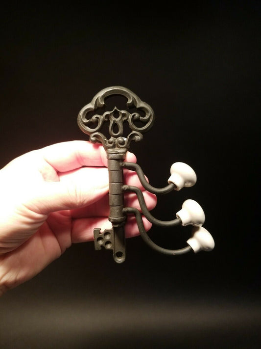 Antique Vintage Style Cast Iron Key Swivel Hook W Porcelain Knobs - Early Home Decor