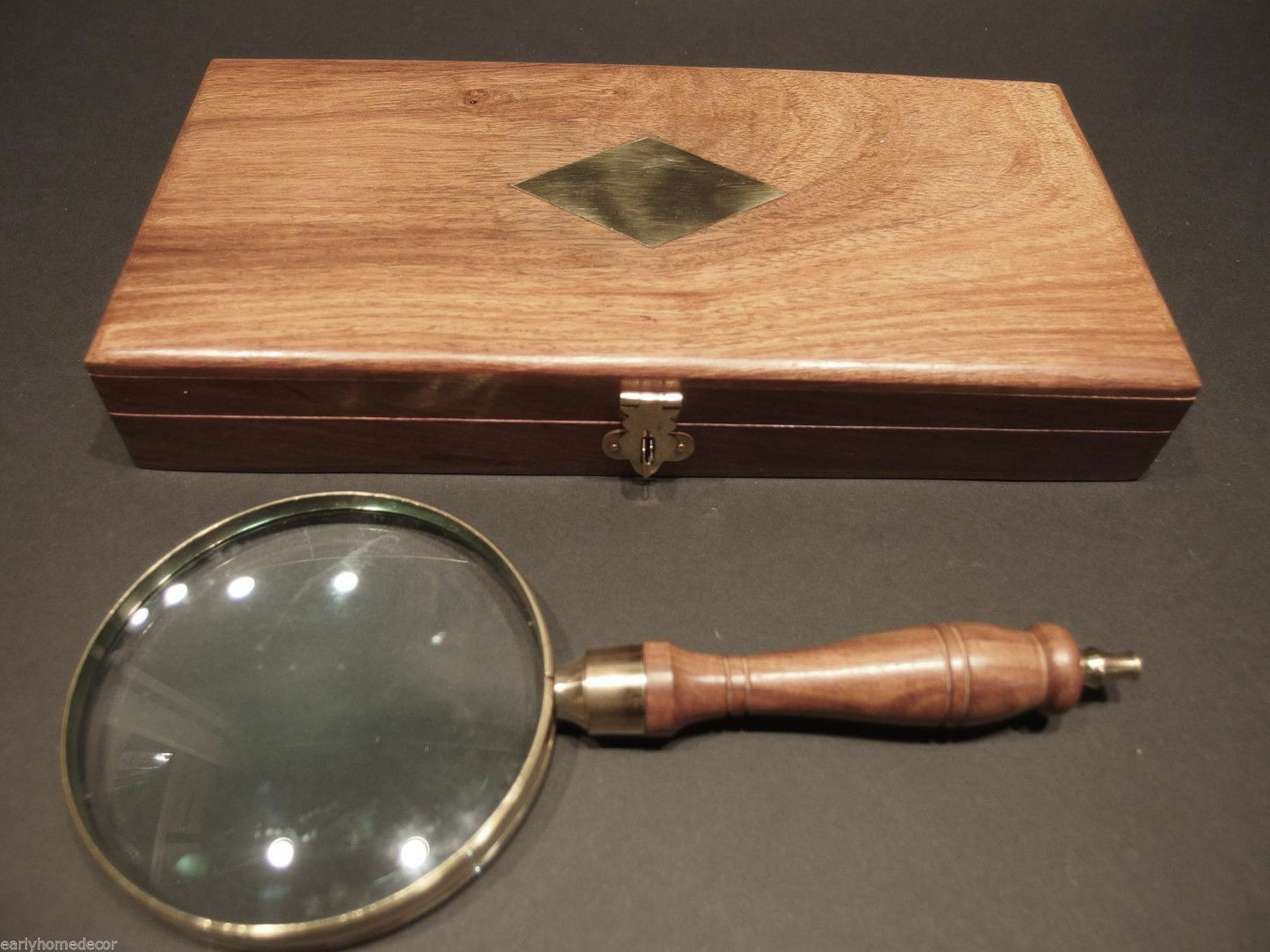 4" 5x Antique Style Magnifying Glass Brass w Wood Turned Hand Lens Desktop Box - Early Home Decor