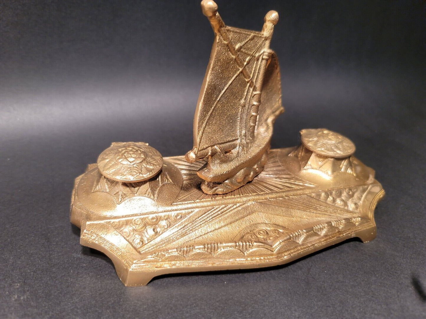 Vintage Antique Style Brass Sailboat Double inkwell Desk Set