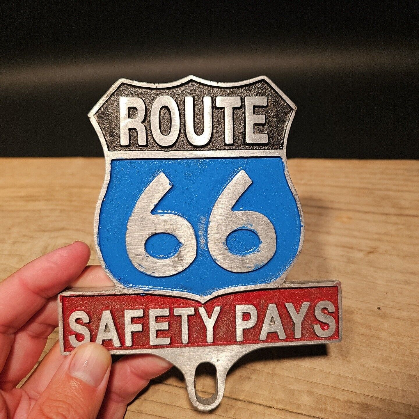 Antique Vintage Style Aluminum Route 66 Safety License Plate Fob Topper