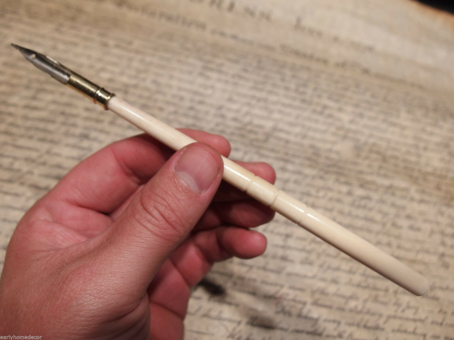 Vintage  Antique Style Turned Bone Calligraphy Inkwell Ink Dipping Pen - Early Home Decor