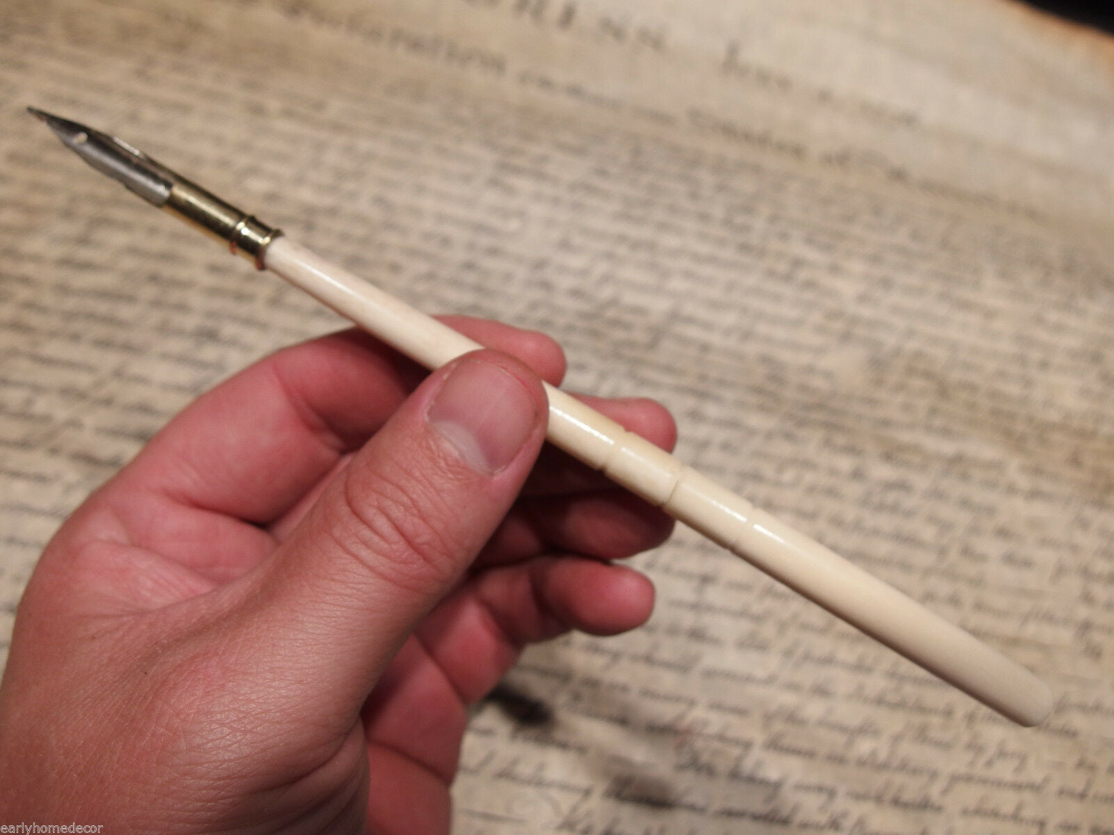 Vintage  Antique Style Turned Bone Calligraphy Inkwell Ink Dipping Pen - Early Home Decor