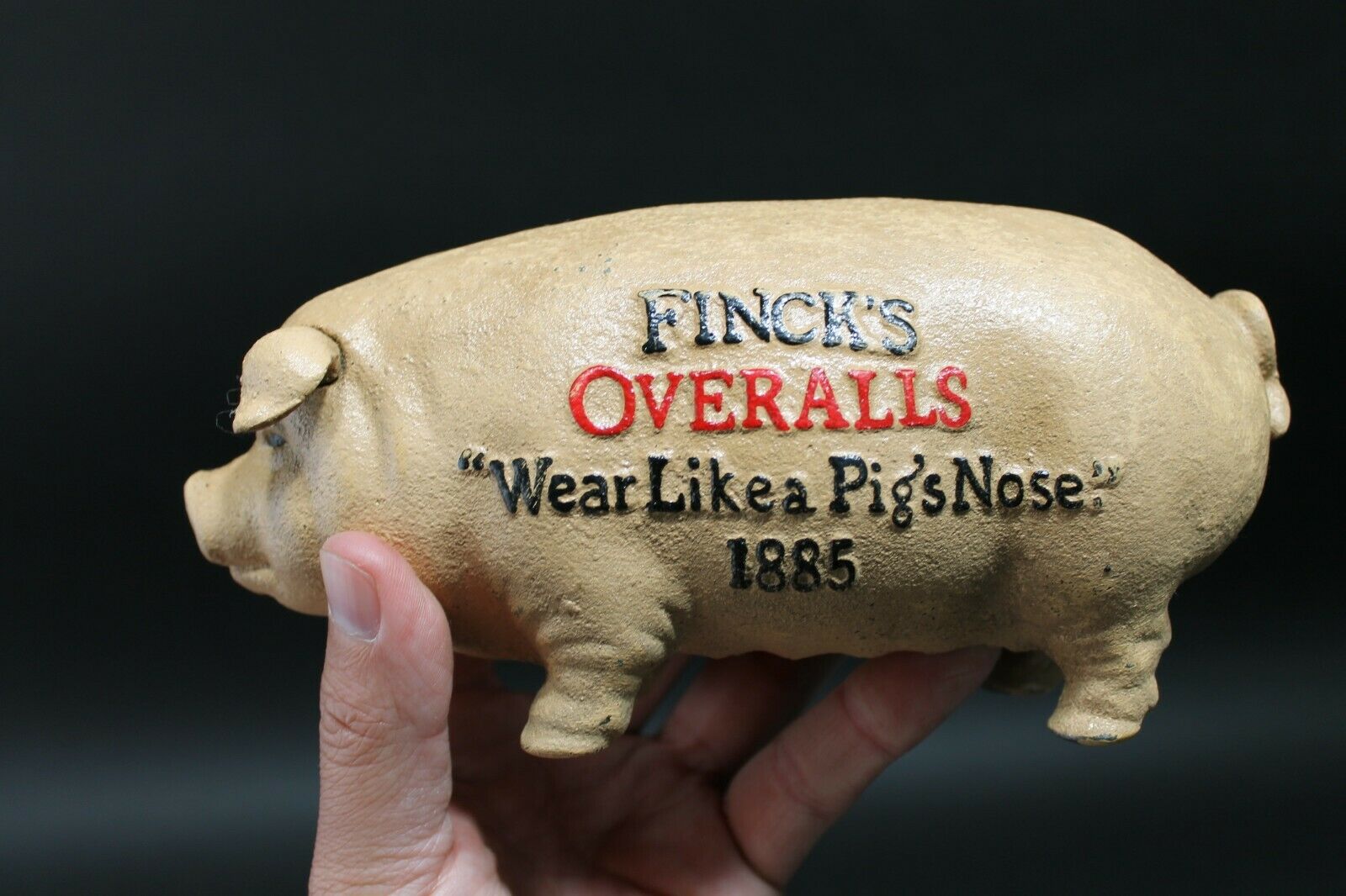 FINCK'S "OVERALLS" 'WEAR LIKE A PIG'S NOSE' 1885 Cast Iron Coin Bank - Early Home Decor