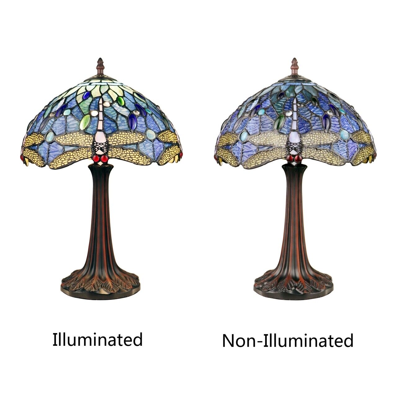 17" 1 light Antique Style Blue Stained Glass Dragonfly Table Lamp