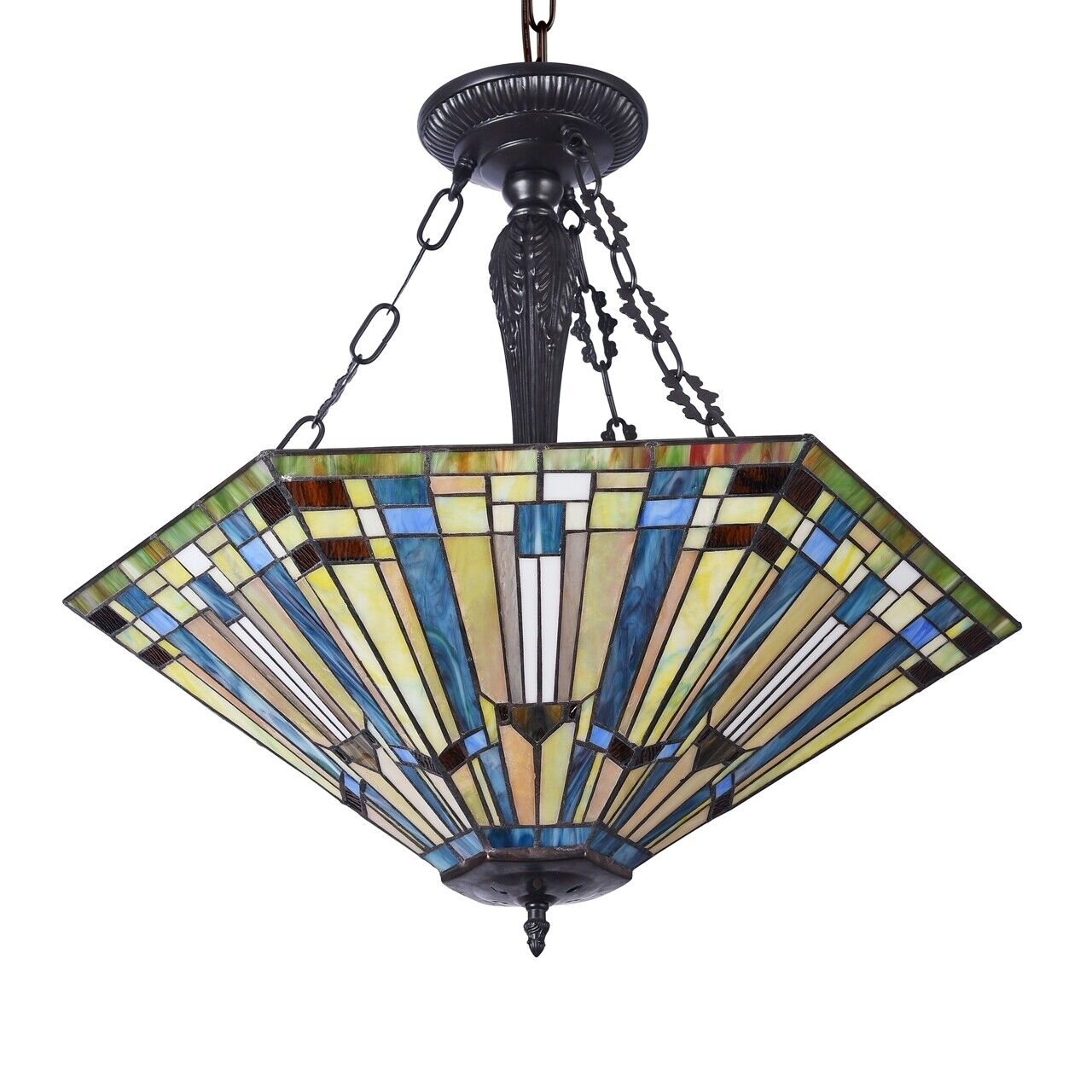 24.4" 3 Light Stained Glass Hanging Inverted Pendant Ceiling Uplight