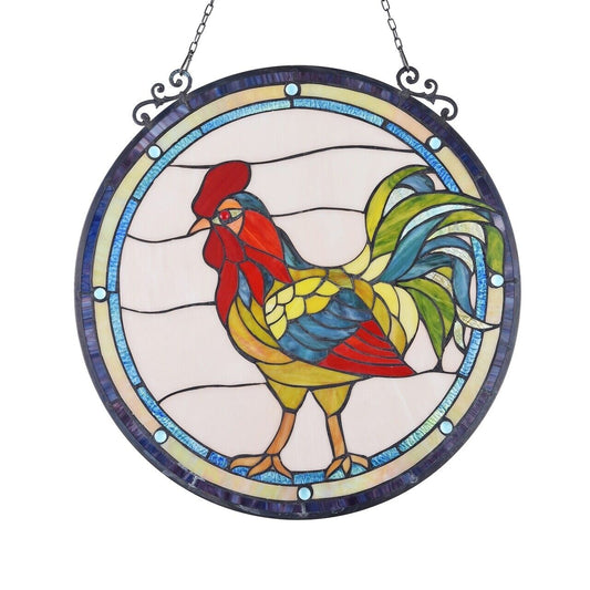 23.5" Round Rooster Stained Glass Window Hanging Panel Suncatcher