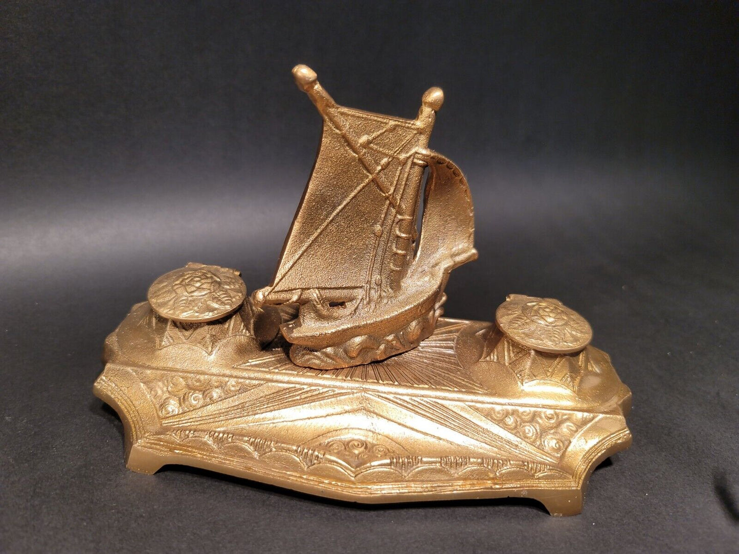 Vintage Antique Style Brass Sailboat Double inkwell Desk Set