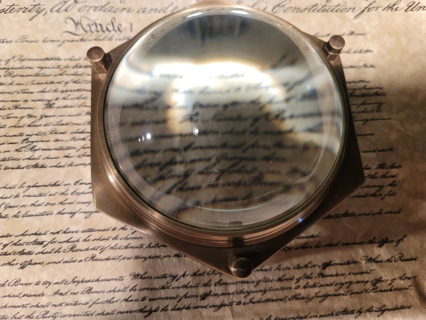 4" Vintage Antique Style Solid Brass Heavy Glass Magnifying Desk Lens Magnifier