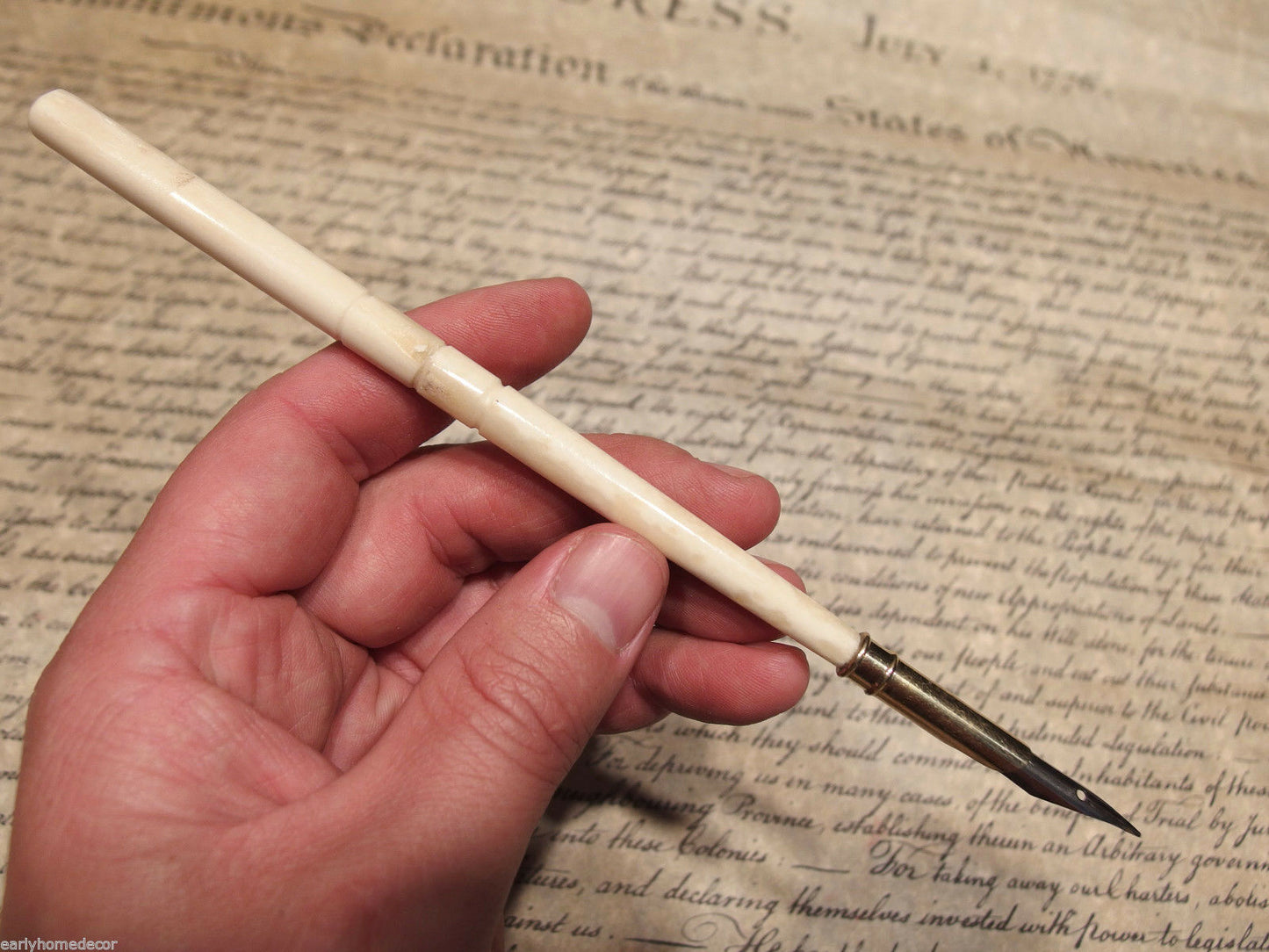 Vintage  Antique Style Turned Bone Calligraphy Inkwell Ink Dipping Pen - Early Home Decor