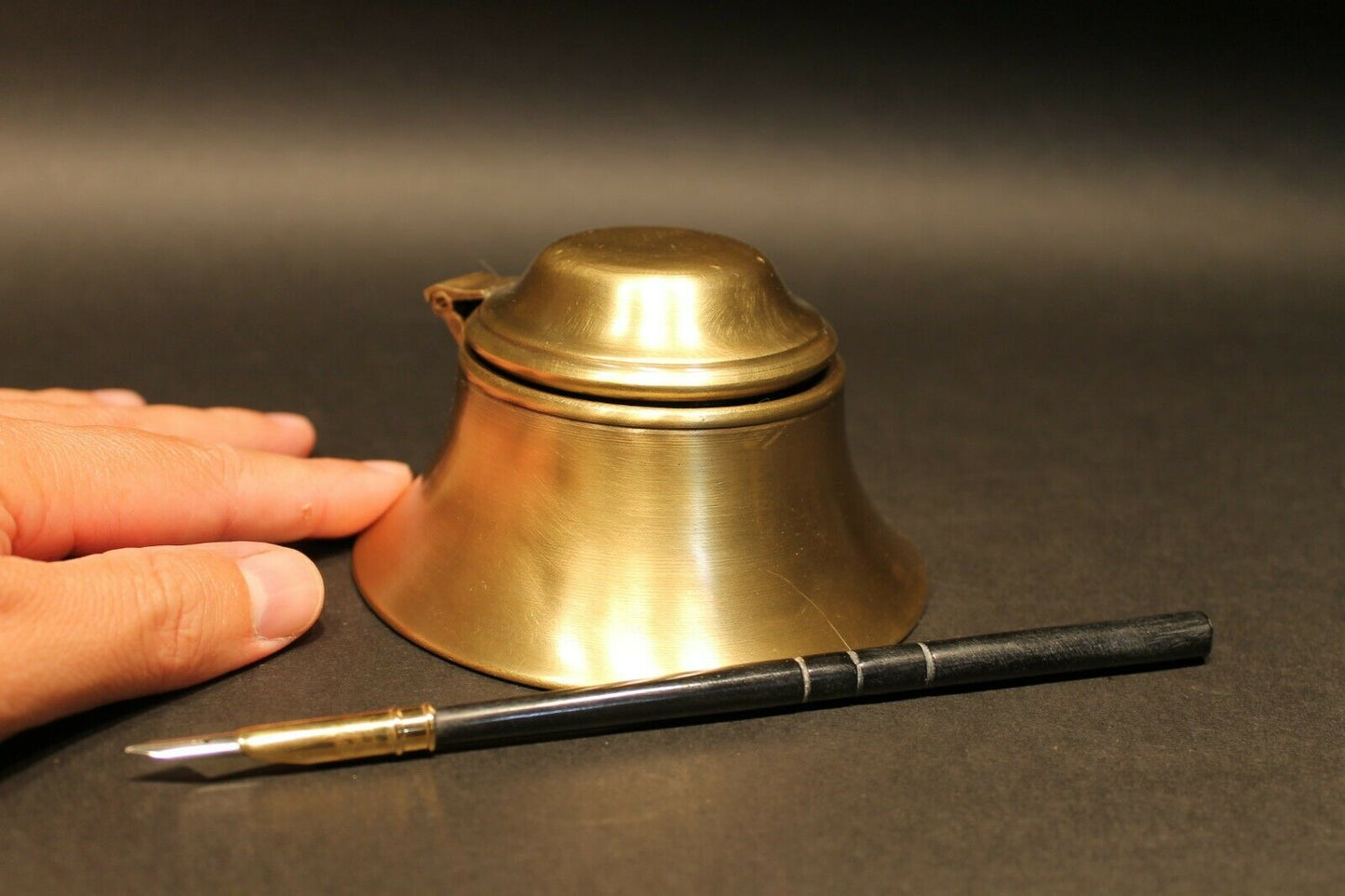 Vintage Antique Style Brass w Glass Inkwell Ink pot Bottle - Early Home Decor